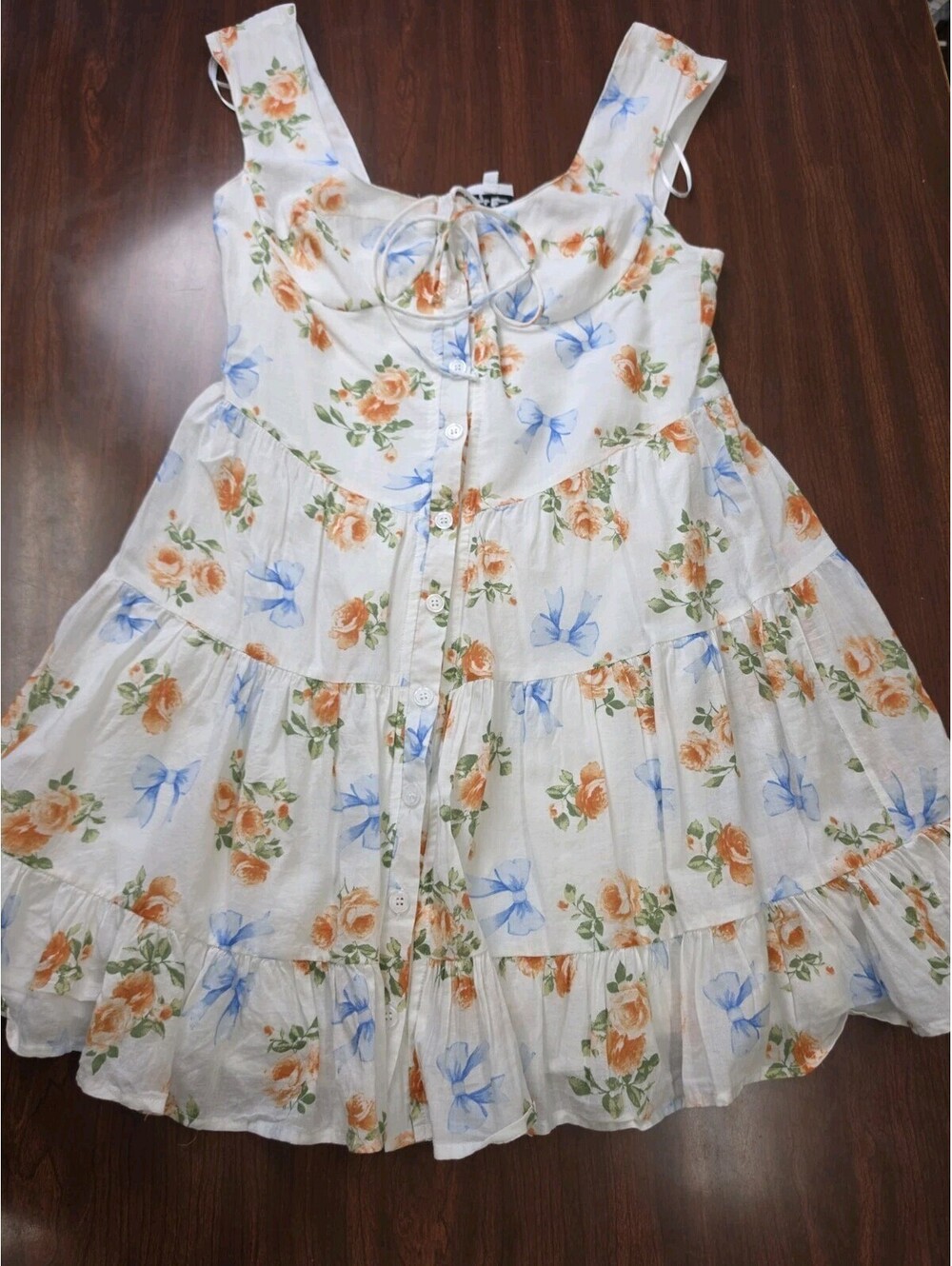 Sky to Moon Floral Bow Tie Dress Large Tiered Ruffle Cotton Cottagecore Coquette